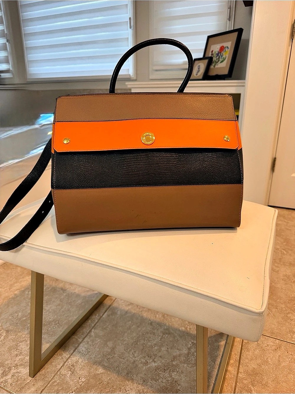 Burberry Color Block Satchel in Brown & Orange